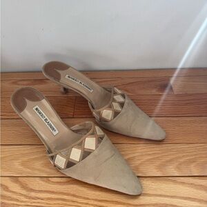 Manolo Blahnik Beige and Tan Mules Size 38